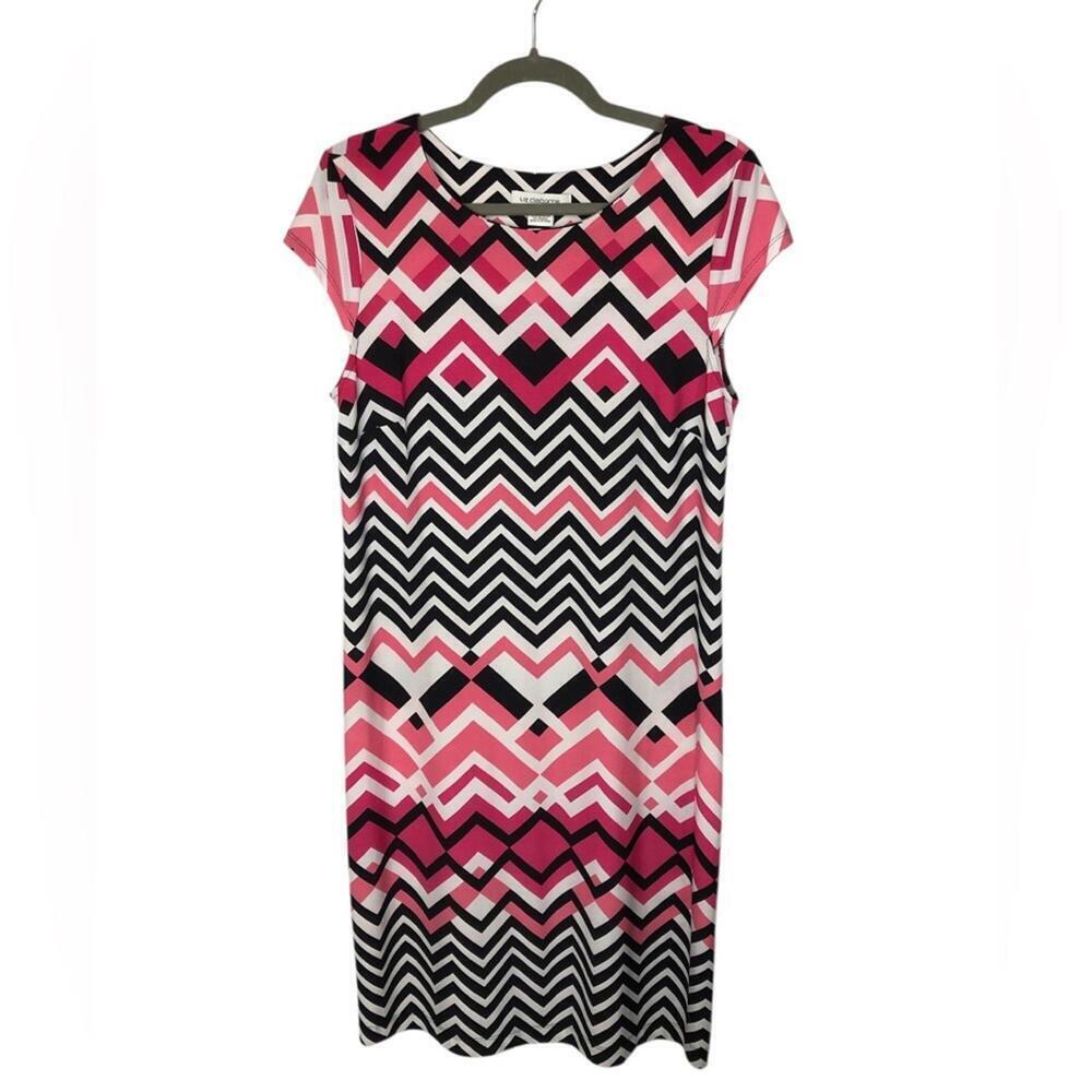 Liz Claiborne Pink and Black Zigzag Midi Dress Cap Sleeves Pull Over Scoop Neck
